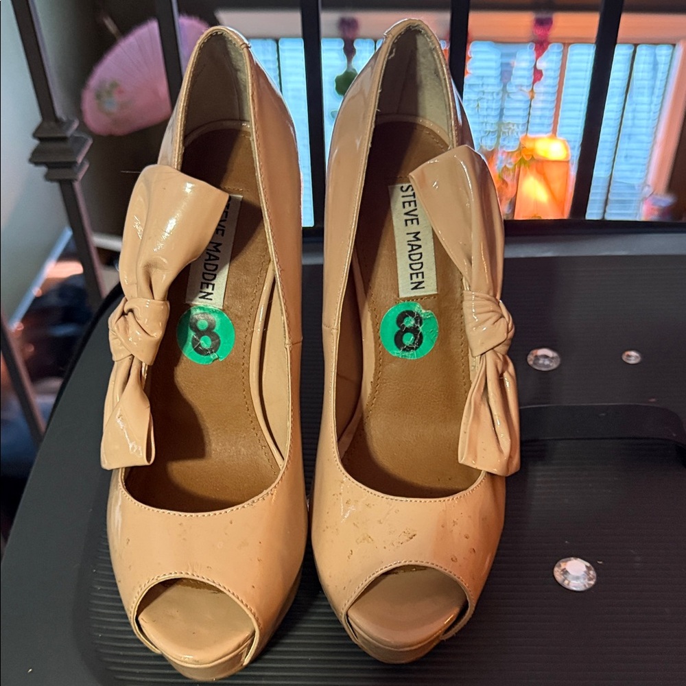 Steve Madden Nude Patent Peep-Toe Heels with Bow Accent